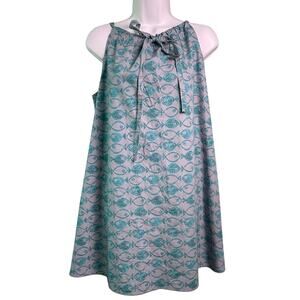 NWT BDG UO Eva Shift Dress Womens Large Teal Fish Print Tie Front Resort Pool